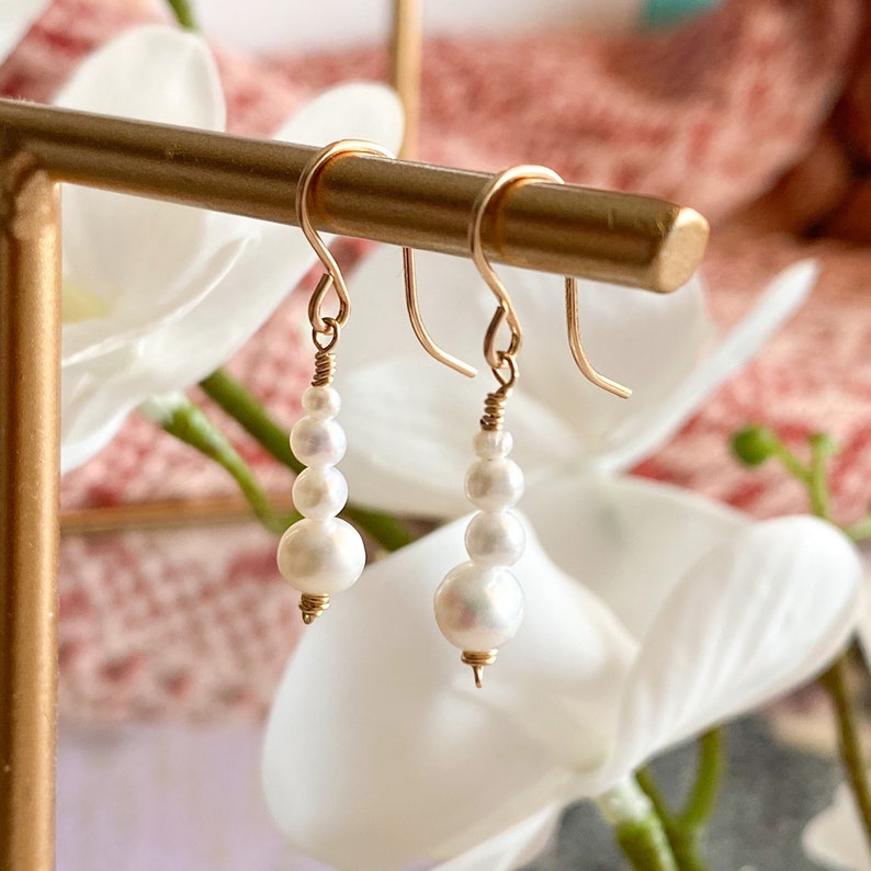 Dainty Pearl Dangle Earrings, Silver 14k Gold/Rose Gold Filled, Freshwater White Pearl Gemstone Drop Earrings, Simple Bridal June Birthstone image 6