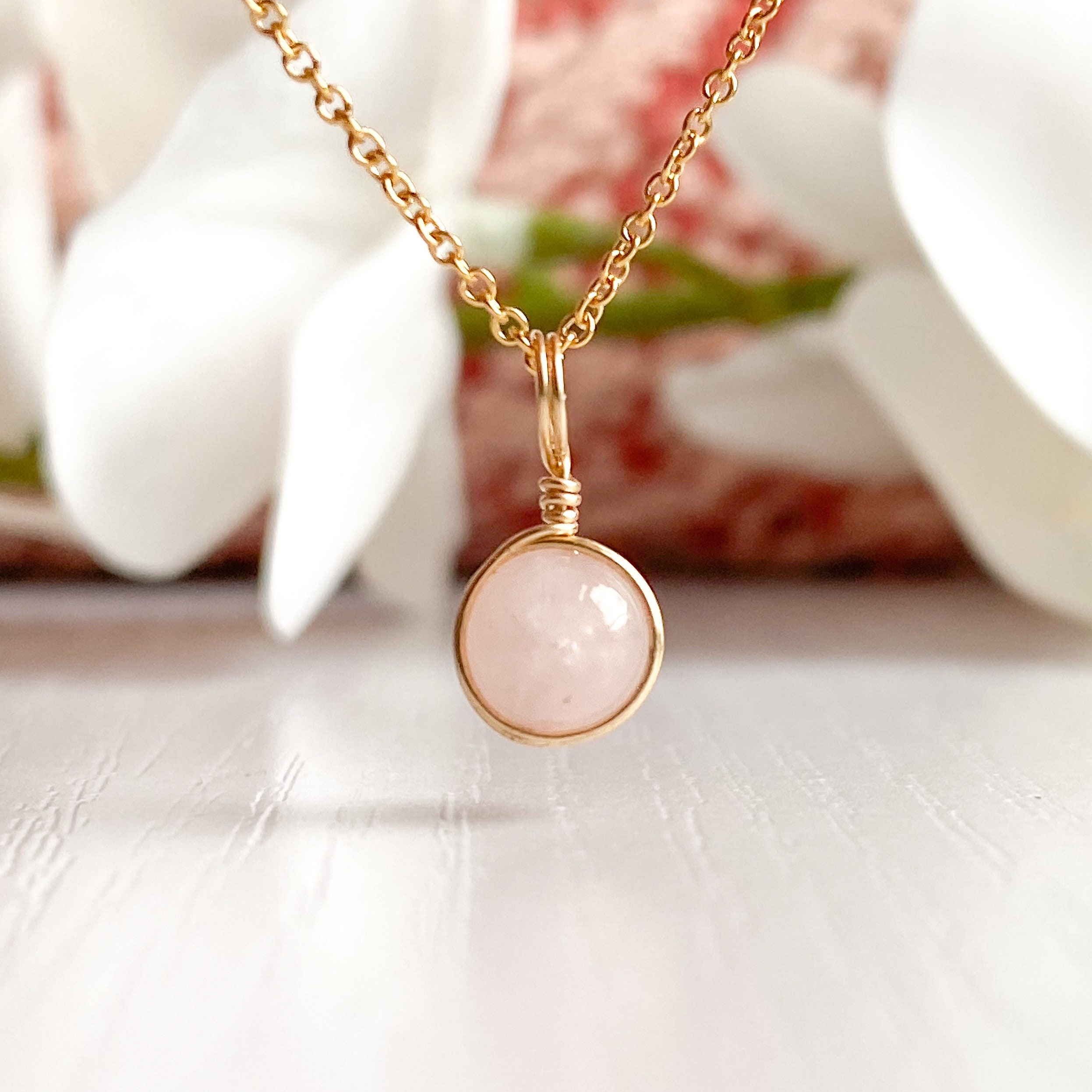 Dainty Rose Quartz Pendant Necklace, Sterling Silver 14k