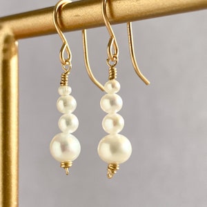 Dainty Pearl Dangle Earrings, Silver 14k Gold/Rose Gold Filled, Freshwater White Pearl Gemstone Drop Earrings, Simple Bridal June Birthstone image 1