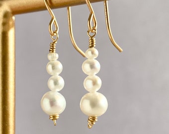 Dainty Pearl Dangle Earrings, Silver 14k Gold/Rose Gold Filled, Freshwater White Pearl Gemstone Drop Earrings, Simple Bridal June Birthstone