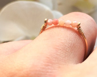 Tiny Pink Opal Ring 14K Gold/Rose Gold Filled Sterling Silver Wire Wrap Gemstone Bar Ring Tiny Stone Simple Skinny Ring October Birthstone