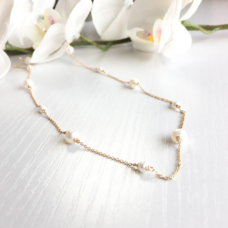 Dainty freshwater Pearl bar necklace minimalist 14k gold-fill sterling silver