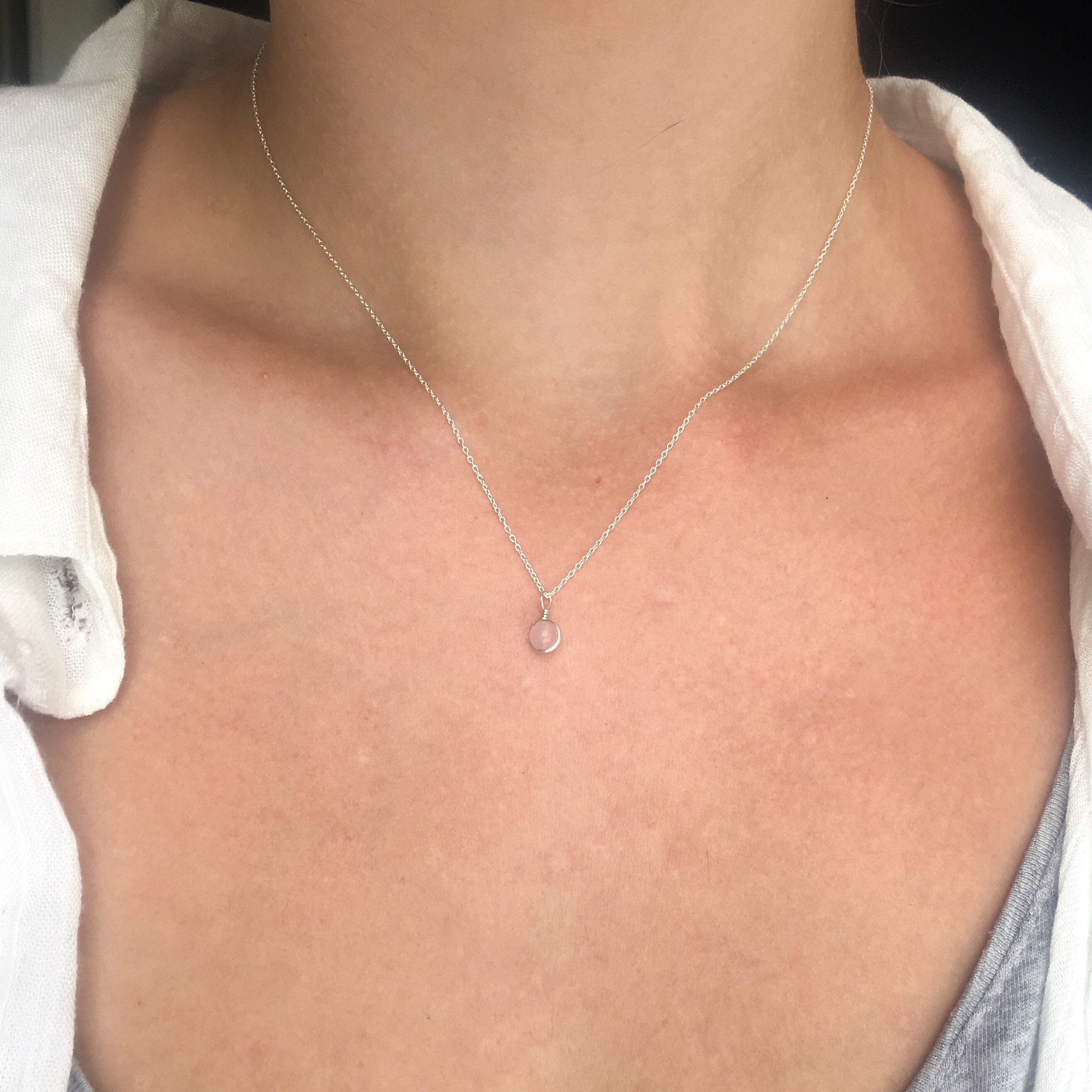 Dainty Rose Quartz Pendant Necklace Sterling Silver 14k Gold rose