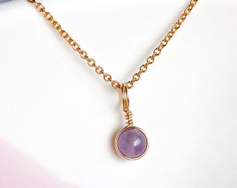 Dainty Amethyst Pendant Necklace, Sterling Silver-14K Gold/Rose Gold, Gemstone Necklace February Birthstone Pendant, Tiny Pendant Necklace