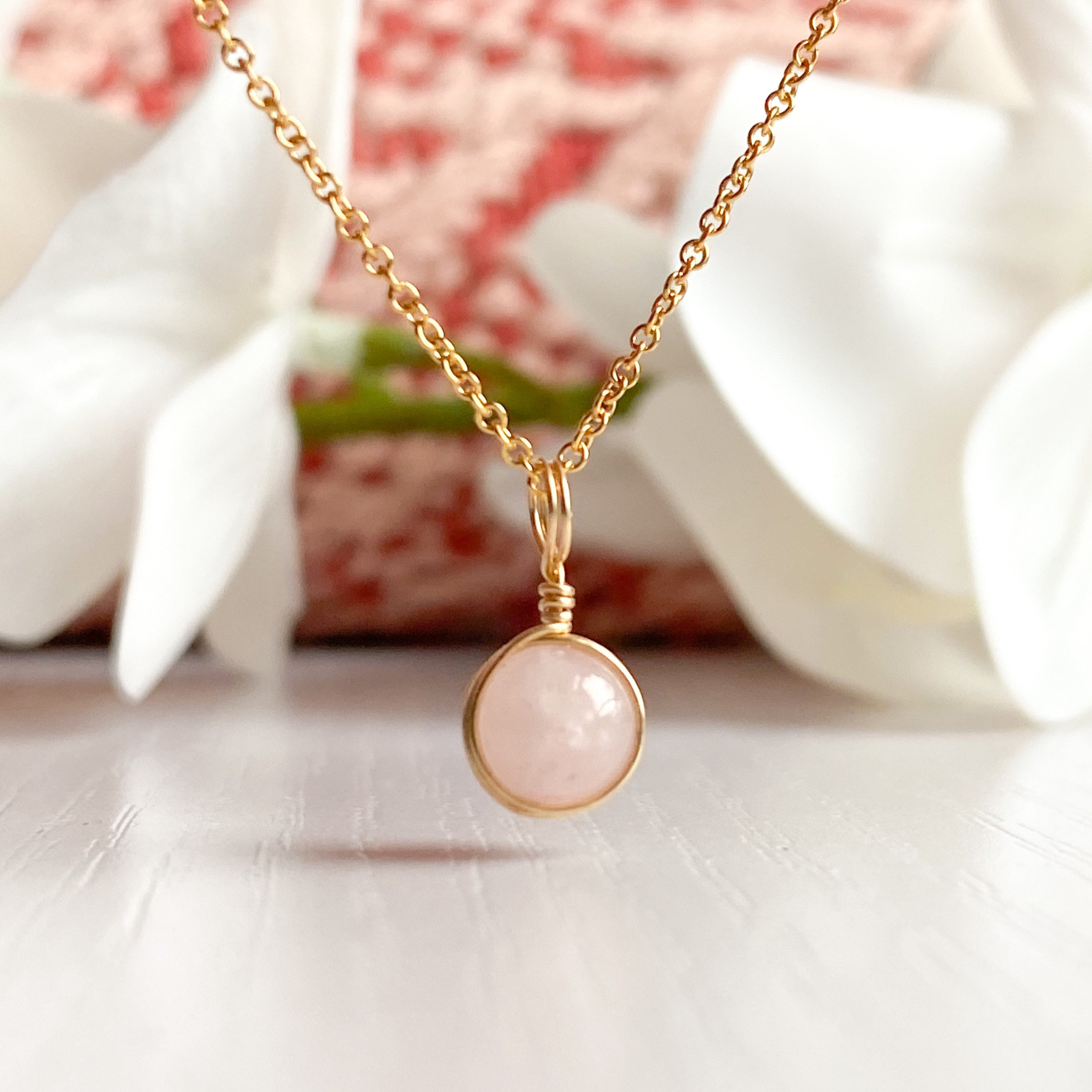 Dainty Rose Quartz Pendant Necklace Sterling Silver Chain