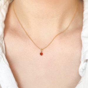 May include: A delicate gold necklace with a small, round, red pendant. The necklace is worn against a white shirt, highlighting the jewelry's simple elegance. The pendant is a vibrant, eye-catching accent.