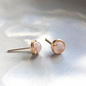 Tiny Rose Quartz Stud Earrings Sterling Silver 14k Gold Rose Gold Filled Dainty Studs Simple Wire Wrapped Earrings Gemstone Stud Pink Quartz