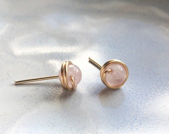 Tiny Rose Quartz Stud Earrings Sterling Silver 14k Gold Rose Gold Filled Dainty Studs Simple Wire Wrapped Earrings Gemstone Stud Pink Quartz