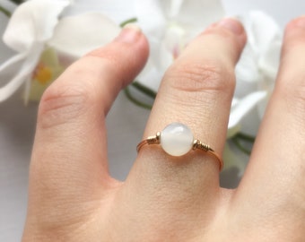 White Moonstone Ring 14K Gold/Rose Gold Filled Sterling Silver, June Birthstone Skinny Ring Dainty Stacking Ring Small Gemstone Crystal Ring