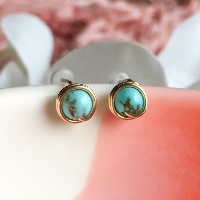 Tiny Turquoise Stud Earrings Sterling Silver 14k Gold Rose Gold Filled Dainty Gem Studs, Simple Wire Wrap Earrings December Birthstone Studs image 7