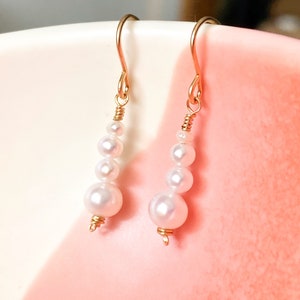 Dainty Pearl Dangle Earrings, Silver 14k Gold/Rose Gold Filled, Freshwater White Pearl Gemstone Drop Earrings, Simple Bridal June Birthstone image 5