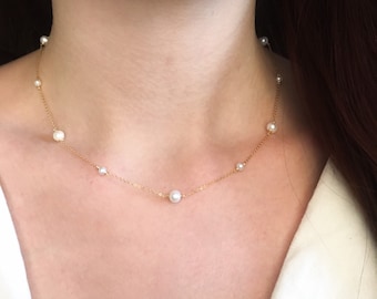 Dainty Freshwater Pearl Necklace Sterling Silver 14k Gold/Rose Gold Tiny White Freshwater Pearl Bridal Necklace June Birthstone Necklace