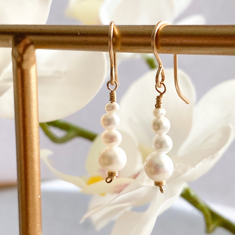 Dainty Pearl Dangle Earrings, Silver 14k Gold/Rose Gold Filled, Freshwater White Pearl Gemstone Drop Earrings, Simple Bridal June Birthstone image 3