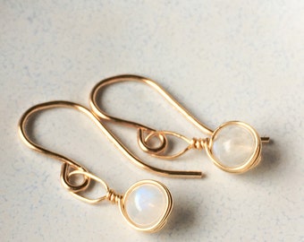 Tiny Moonstone Dangle Earrings Sterling Silver 14k Gold Rose Gold Filled Dainty Rainbow Moonstone Gemstone Earrings Simple Drop Earrings