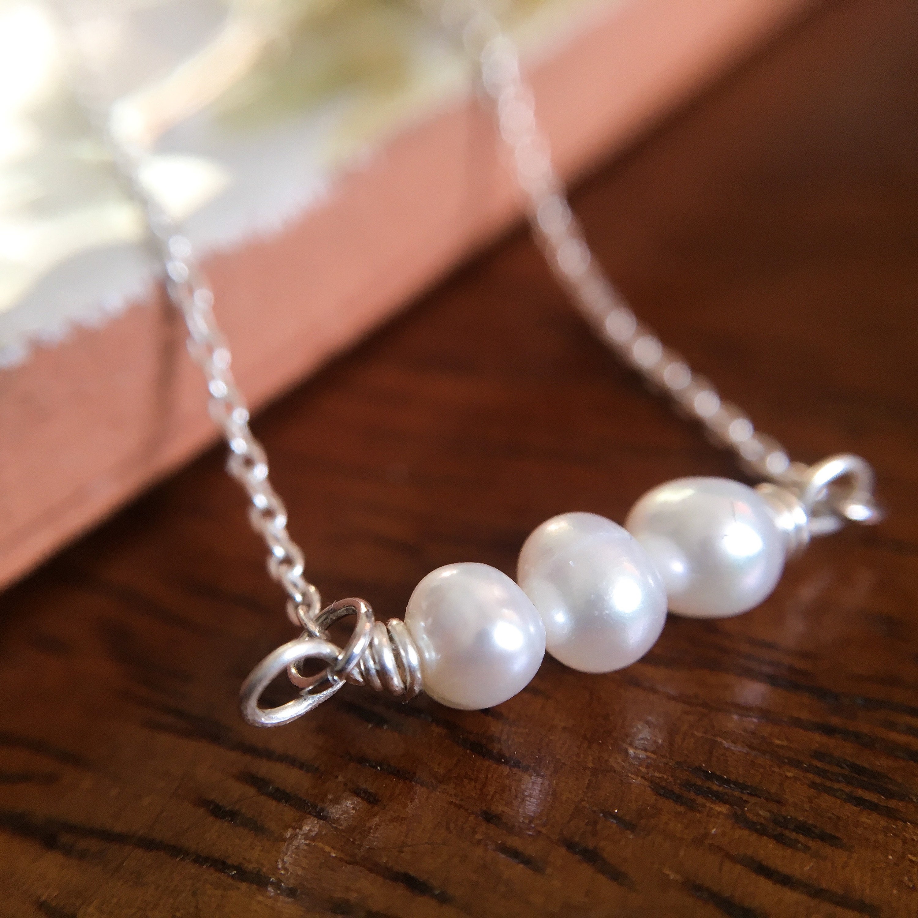 Dainty Triple White Pearl Bar Pendant Necklace, Sterling