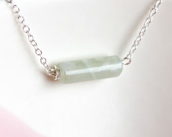 Tiny Jade Bar Necklace, Sterling Silver 14k Gold/Rose Gold, Gemstone Necklace, Dainty Pale Jade Pendant, Delicate Green Jade Column Pendant