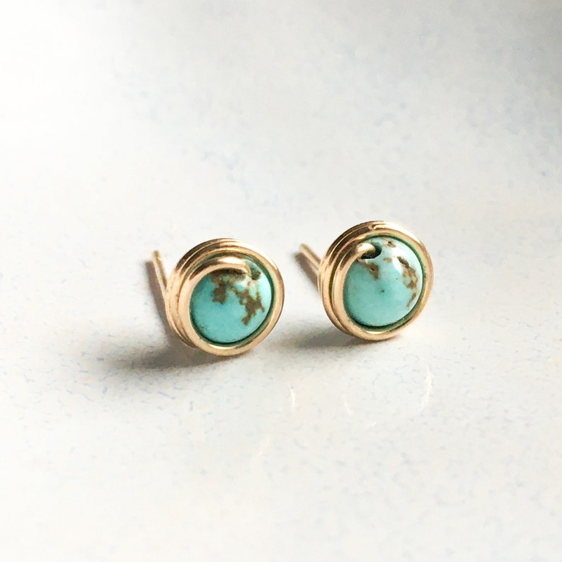 Tiny Turquoise Stud Earrings Sterling Silver 14k Gold Rose Gold Filled Dainty Gem Studs, Simple Wire Wrap Earrings December Birthstone Studs image 3