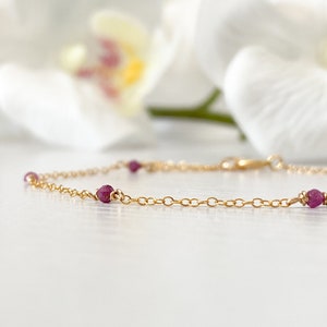 Dainty Ruby Bracelet Delicate Sterling Silver 14k Gold Rose Filled Simple Tiny Gemstone Layering Bridesmaid Bracelet Pink July Birthstone