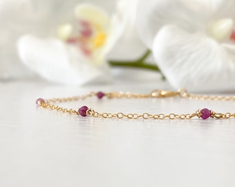 Dainty Ruby Bracelet Delicate Sterling Silver 14k Gold Rose Filled Simple Tiny Gemstone Layering Bridesmaid Bracelet Pink July Birthstone
