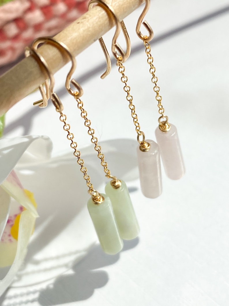 Rose Quartz Dangle Chain Earrings, Sterling Silver 14k Gold Rose Gold Filled Dainty Rose Quartz Column Tube Gemstone Chain Drop Hook Earring image 5