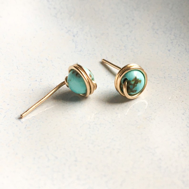 Tiny Turquoise Stud Earrings Sterling Silver 14k Gold Rose Gold Filled Dainty Gem Studs, Simple Wire Wrap Earrings December Birthstone Studs image 2