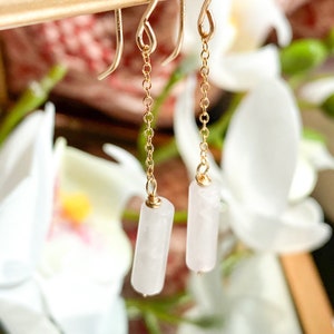 Rose Quartz Dangle Chain Earrings, Sterling Silver 14k Gold Rose Gold Filled Dainty Rose Quartz Column Tube Gemstone Chain Drop Hook Earring image 3