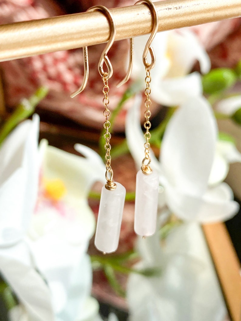 Rose Quartz Dangle Chain Earrings, Sterling Silver 14k Gold Rose Gold Filled Dainty Rose Quartz Column Tube Gemstone Chain Drop Hook Earring image 3