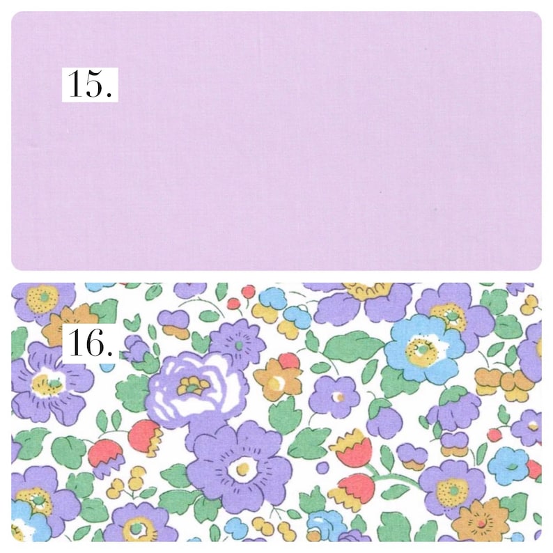 May include: Two fabric swatches labeled 15 and 16. Swatch 15 is a solid light lavender color. Swatch 16 features a dense floral pattern on a white background with purple, light blue, yellow, and red flowers interspersed with green leaves.