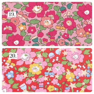 May include: Two fabric swatches featuring floral patterns. The top swatch, labeled 19, has a light pink background with dark pink, peach, and yellow flowers and green leaves. The bottom swatch, labeled 20, has a red background with pink, yellow, and blue flowers, green leaves, and small white stars.