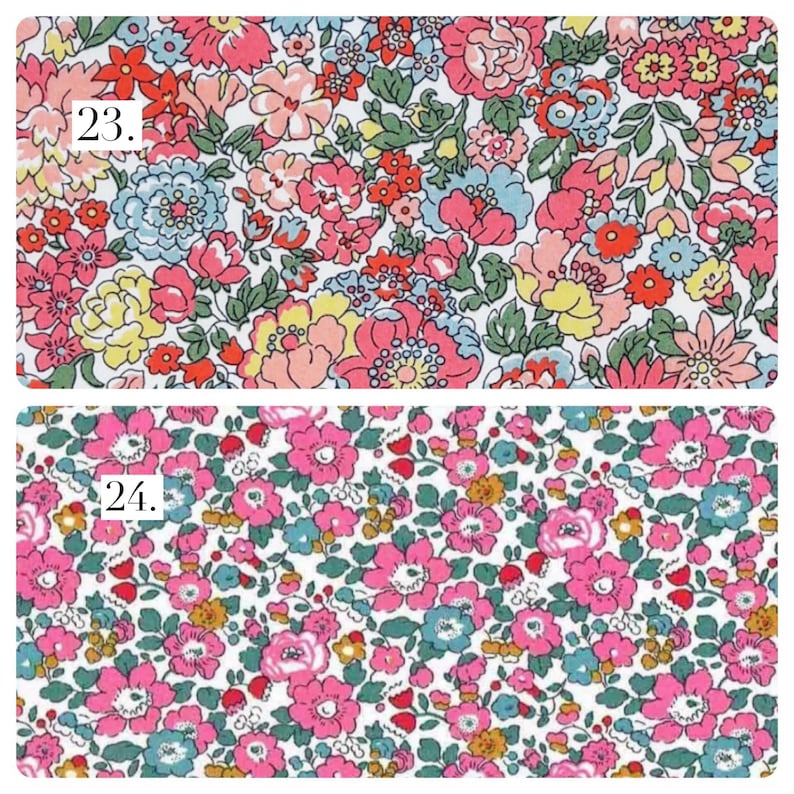 May include: Two fabric swatches featuring floral patterns. Swatch 23 displays a dense arrangement of pink, red, yellow, and light blue flowers with green leaves on a white background. Swatch 24 shows smaller pink and blue flowers with green foliage.
