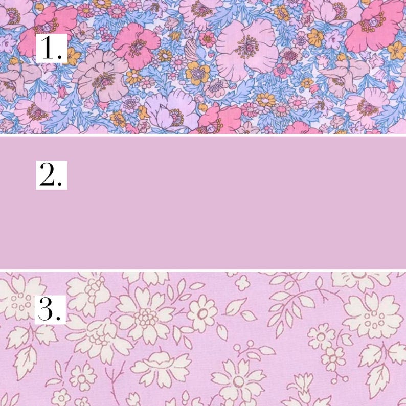 May include: Three fabric swatches with different floral patterns. The first swatch has a pink, blue and white floral pattern. The second swatch is solid pale pink. The third swatch has a white floral pattern on a pale pink background.