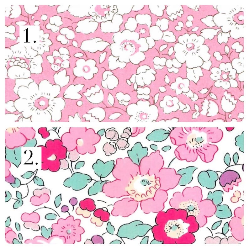 May include: Two fabric swatches with floral patterns. Swatch 1 features white flowers on a light pink background. Swatch 2 displays a dense arrangement of pink, magenta, and light green flowers with small purple accents on a white background.