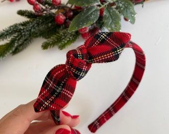 Tartan Alice band with bow, festive hairband, Christmas headband, plaid, red Alice band, Scottish hairband, holiday headband bow