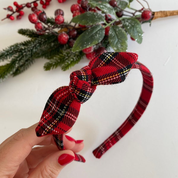 Tartan Alice band with bow, festive hairband, Christmas headband, plaid, red Alice band, Scottish hairband, holiday headband bow