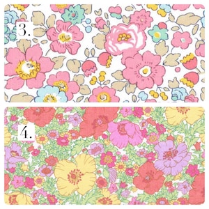 May include: Two fabric swatches with floral patterns. Swatch 3 features pink, light blue, and yellow flowers on a white background. Swatch 4 displays a dense arrangement of red, yellow, pink, and purple flowers with green foliage.