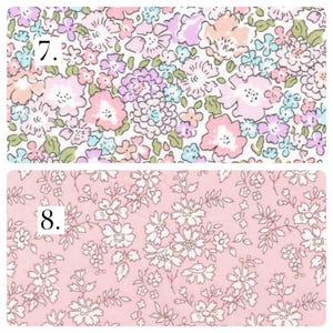 May include: Two fabric swatches labeled 7 and 8. Swatch 7 features a dense floral pattern with pink, lavender, and light blue flowers on a white background. Swatch 8 displays a monochromatic light pink fabric with a white outline floral print.
