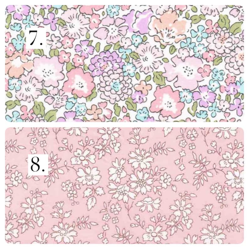 May include: Two fabric swatches labeled 7 and 8. Swatch 7 features a dense floral pattern with pink, lavender, and light blue flowers on a white background. Swatch 8 displays a monochromatic light pink fabric with a white outline floral print.