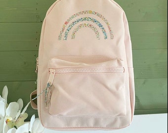 Rainbow bag, Liberty of London rainbow mini rucksack, pretty pink toddler bag, rainbow baby bag, floral backpack, kids blue bag,
