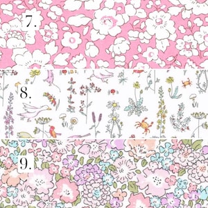 May include: Three fabric swatches with different floral patterns. The top swatch is pink with white flowers. The middle swatch is white with small flowers and birds. The bottom swatch is white with pink, purple, and blue flowers.