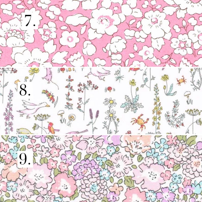 May include: Three fabric swatches with different floral patterns. The top swatch is pink with white flowers. The middle swatch is white with small flowers and birds. The bottom swatch is white with pink, purple, and blue flowers.