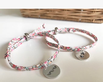 Personalised charm bracelet, handmade jewelry, initial disc bracelet, name jewellery, Liberty of London bracelet, unique fabric jewellery
