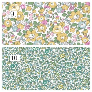 May include: Two fabric swatches with floral patterns. Number 9 features yellow, pink, and light blue flowers on a white background. Number 10 displays a dense, intricate pattern of small green, teal, and yellow flowers with green foliage.
