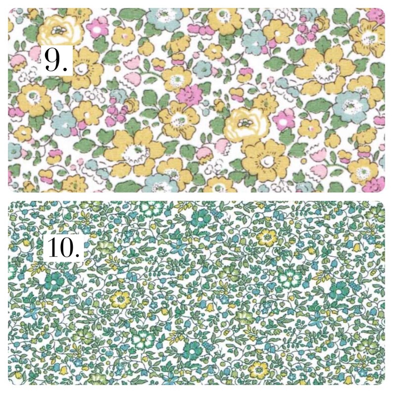 May include: Two fabric swatches with floral patterns. Number 9 features yellow, pink, and light blue flowers on a white background. Number 10 displays a dense, intricate pattern of small green, teal, and yellow flowers with green foliage.