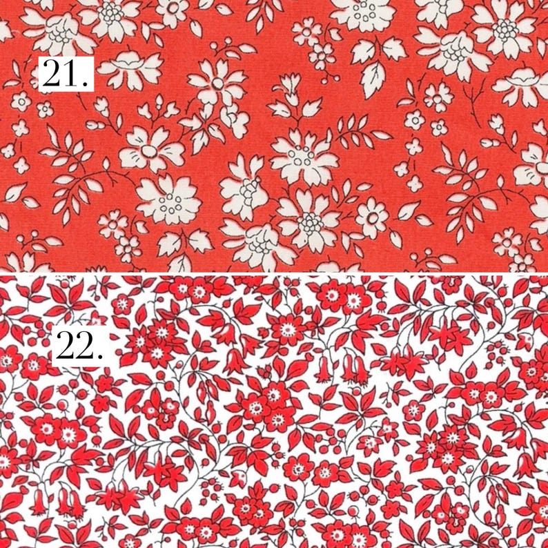 May include: Two fabric patterns labeled 21 and 22. Pattern 21 features white floral illustrations on a vibrant red background. Pattern 22 displays dense red floral and leaf motifs on a clean white background, creating a contrasting botanical design.