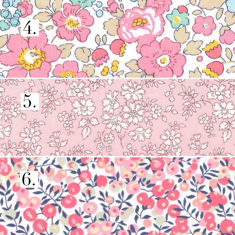 May include: Three different fabric swatches with floral patterns. The first swatch has a white background with pink and yellow flowers. The second swatch has a pink background with white flowers. The third swatch has a white background with pink and red berries.