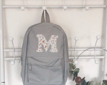 Personalised toddler bag, Liberty of London initial mini rucksack, grey baby bag, personalised pre school bag pack, grey baby bag