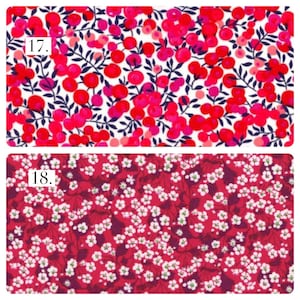 May include: Two fabric patterns are displayed. Pattern 17 features a white background with red berries and dark blue stems. Pattern 18 features a deep red background with small white flowers and dark purple leaves, each labeled with a number.