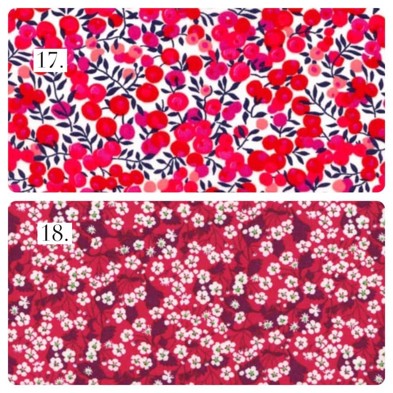 May include: Two fabric patterns are displayed. Pattern 17 features a white background with red berries and dark blue stems. Pattern 18 features a deep red background with small white flowers and dark purple leaves, each labeled with a number.