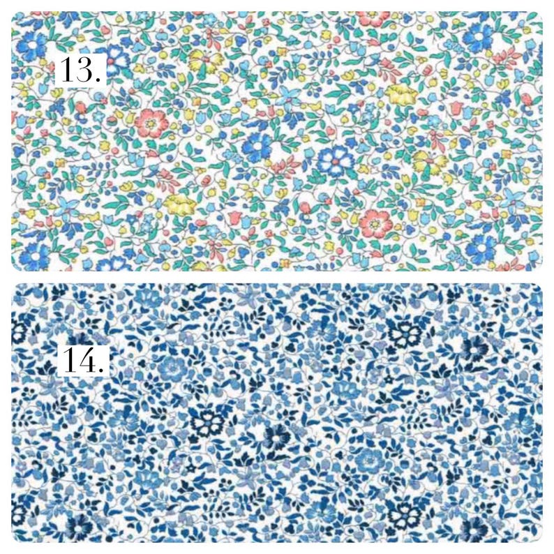 May include: Two fabric swatches with floral patterns. Swatch 13 features a white background with small blue, pink, and yellow flowers and green leaves. Swatch 14 displays a dense pattern of various shades of blue flowers and leaves on a white background.