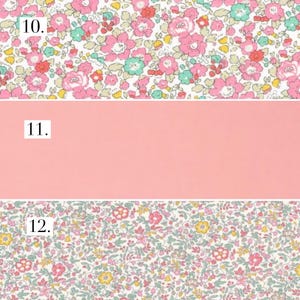 May include: Three fabric swatches with numbers 10, 11, and 12. The top and bottom swatches are white with a small pink and green floral pattern. The middle swatch is solid pink.